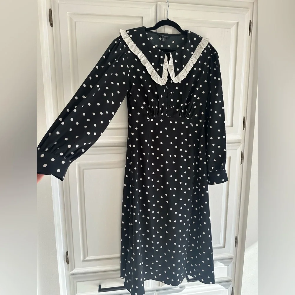 New Look Polka Dot Midi Dress Ruffle Collar Black White US 12 - Picture 5 of 7